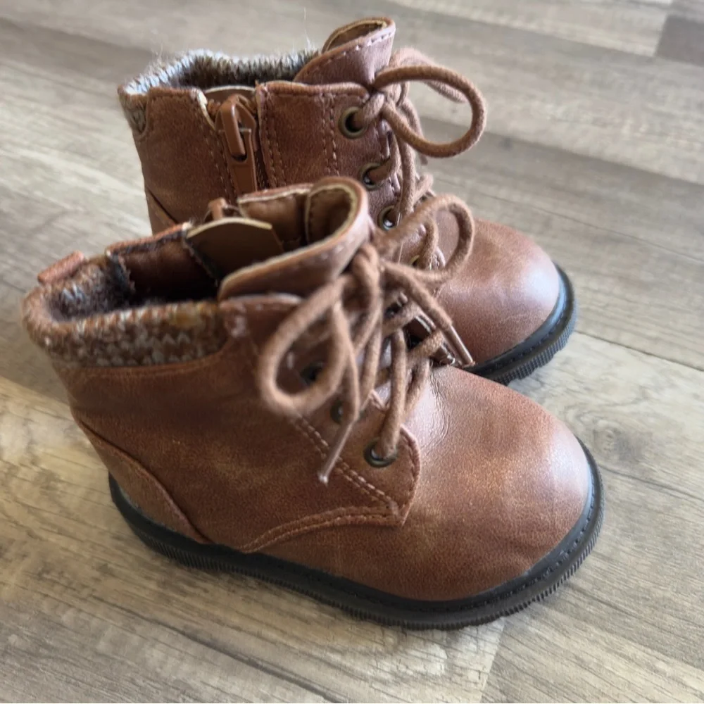 Wonder Nation Brown Boots with Knitted Trim and Lace-Up Design